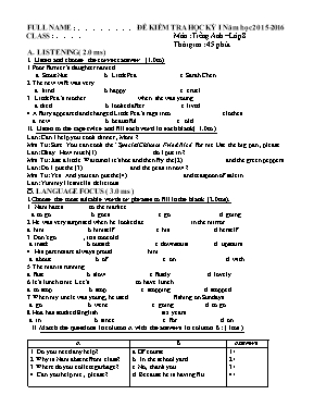 Đề kiểm tra học kỳ I  Năm học 2015 - 2016 môn tiếng Anh lớp 8